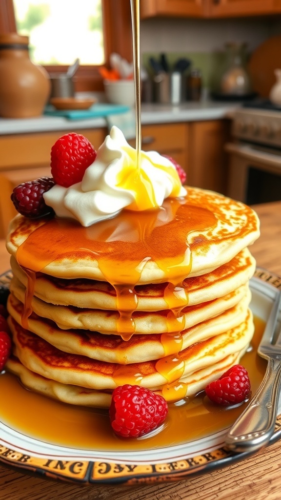 A stack of vintage pancakes with syrup and berries on a rustic plate.